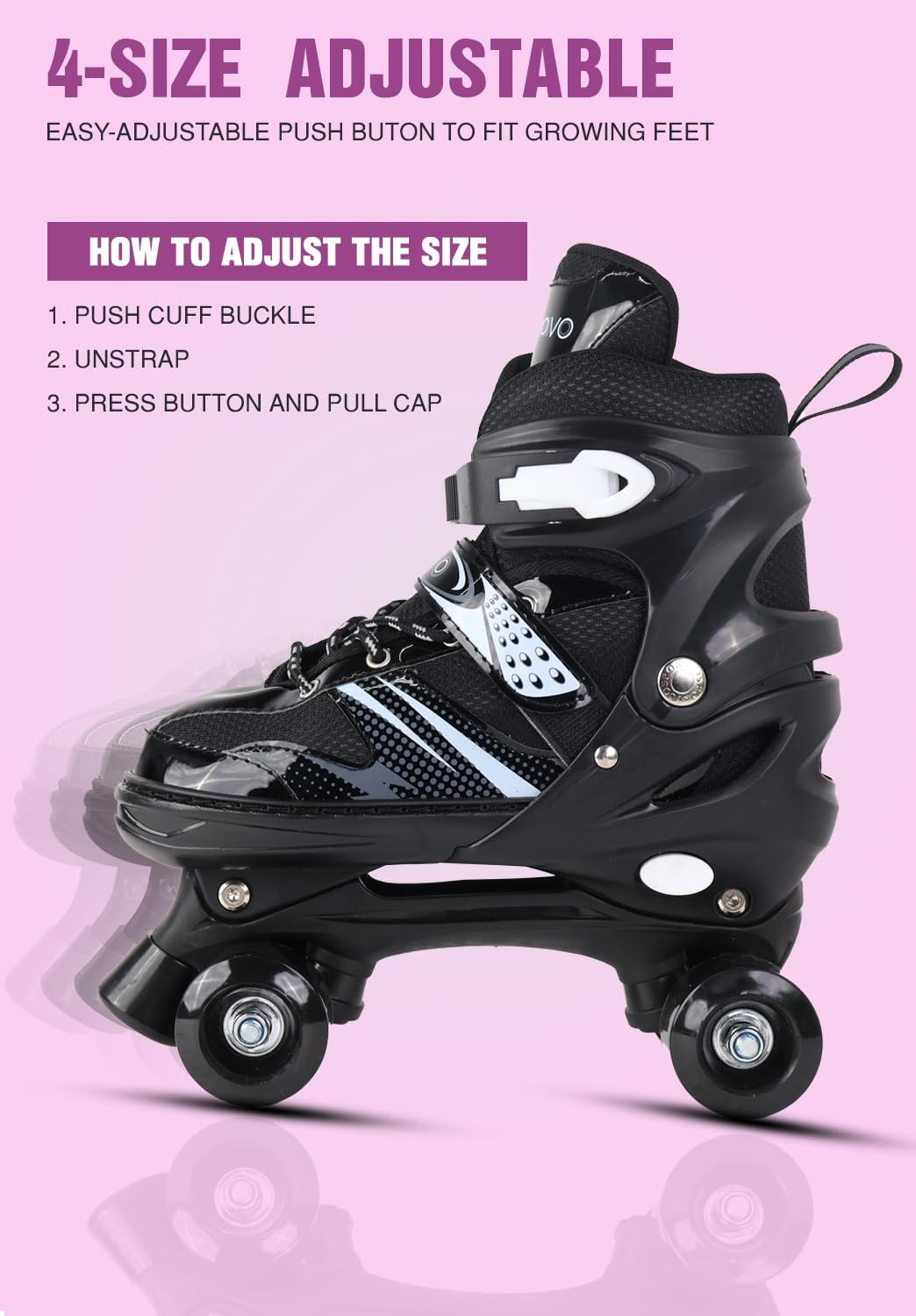 Roller Derby Wheel Roller Skates With Break For Boys Kids And Girls Adjustable Skating Shoe(Black)