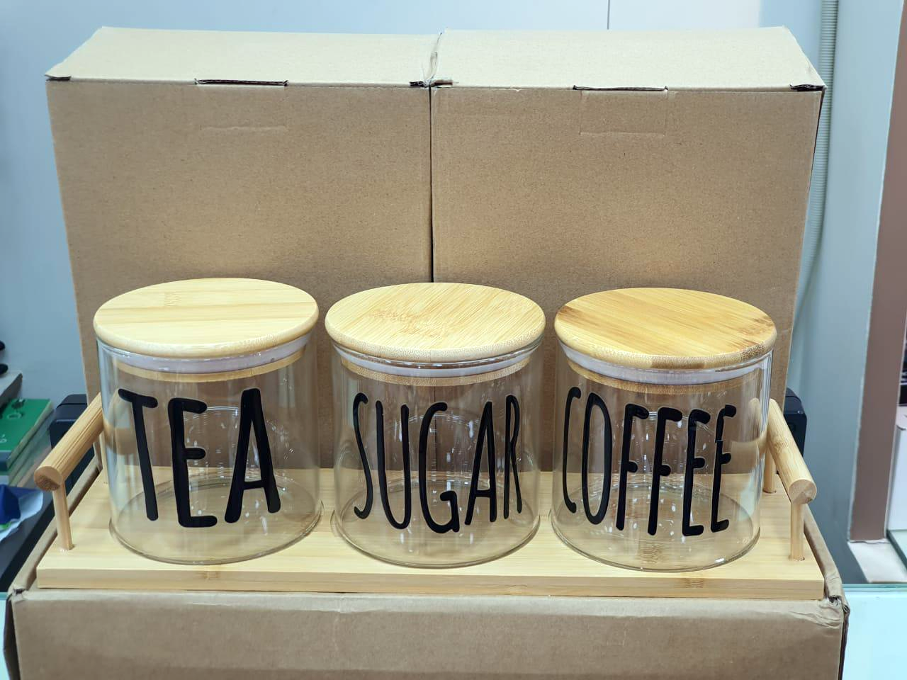 3-Piece Glass Jar With Bamboo Lid Tea Coffee Sugar