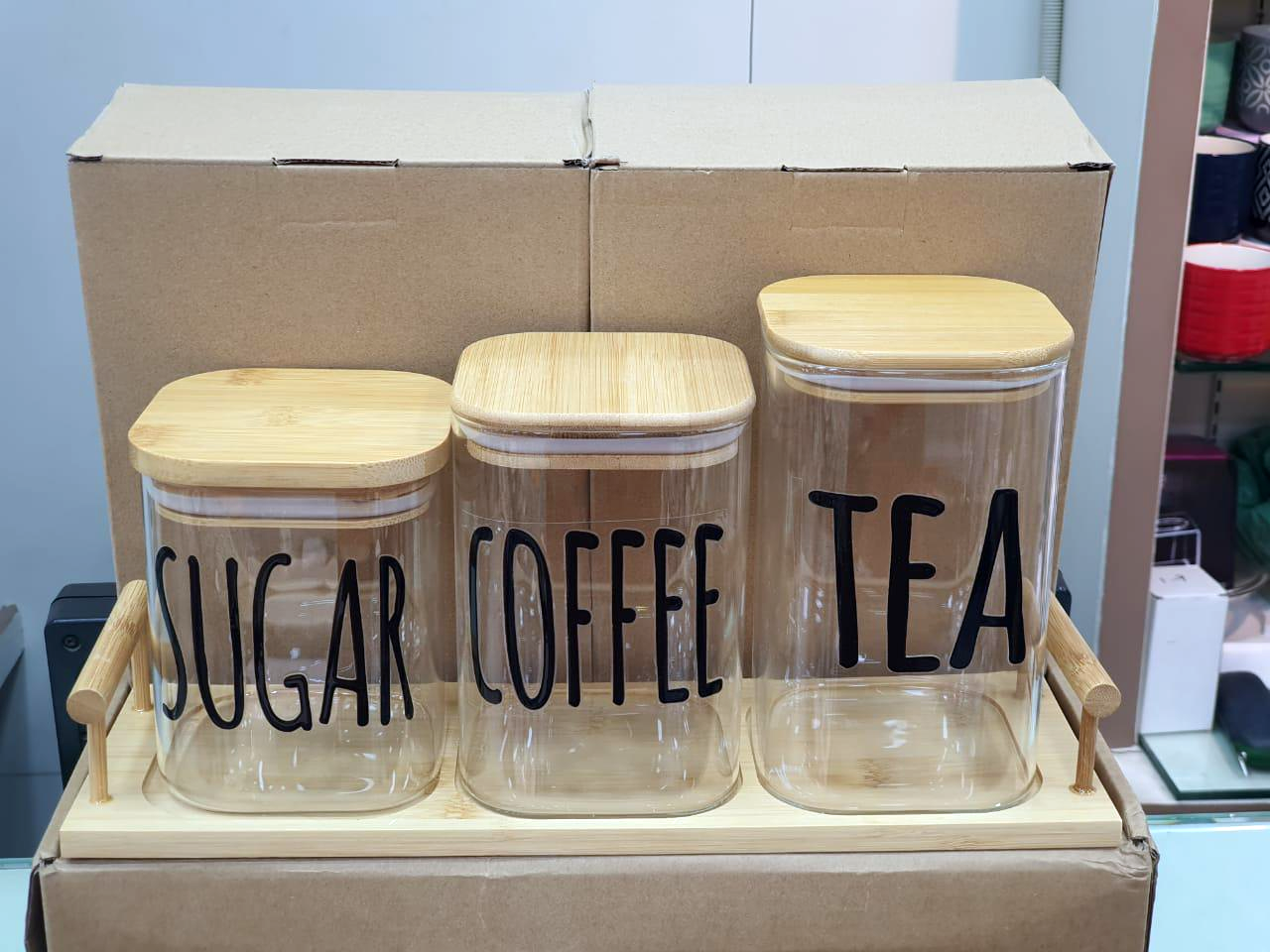 3-Piece Glass Jar With Bamboo Lid Tea Coffee Sugar