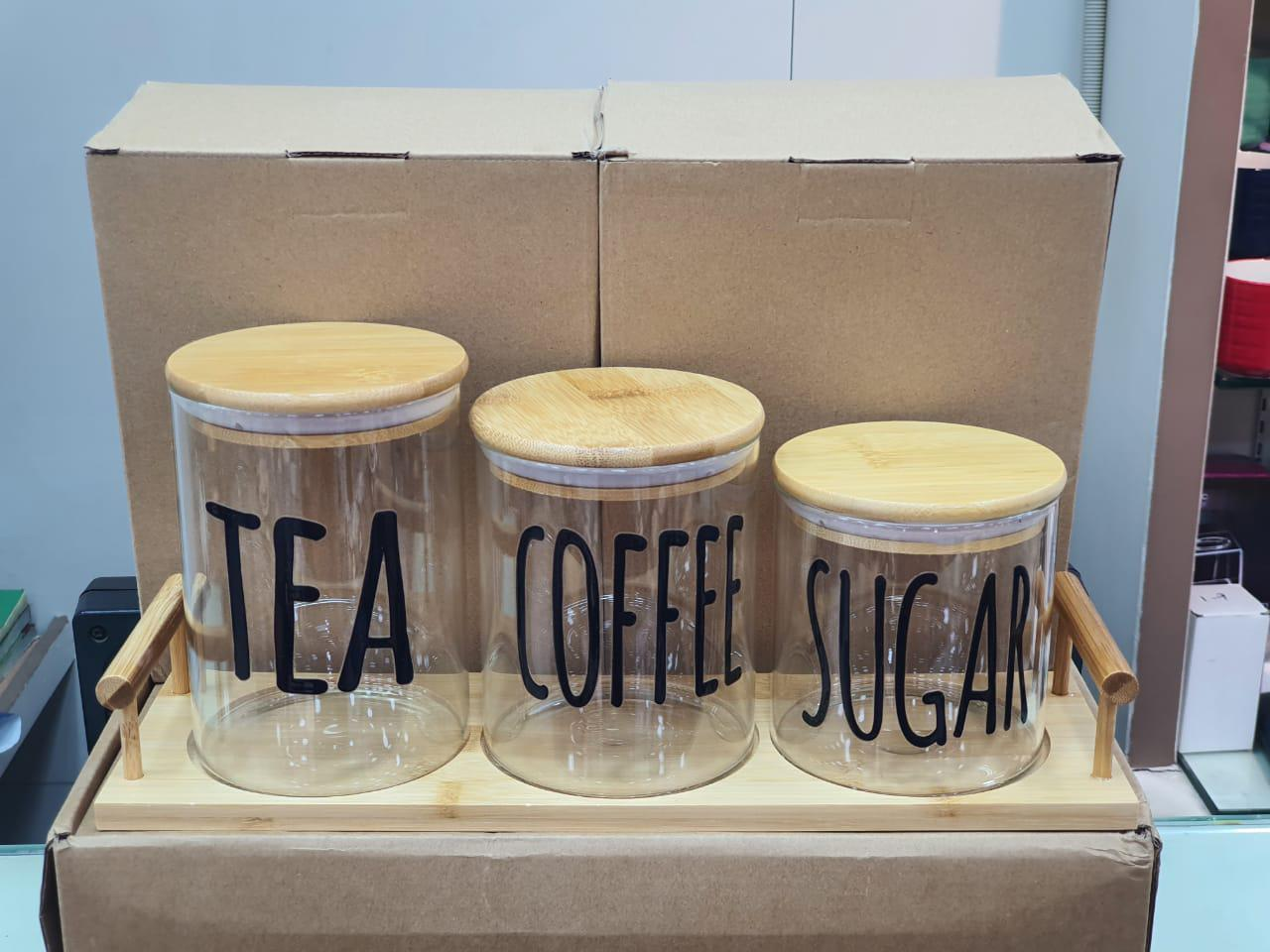 3-Piece Glass Jar With Bamboo Lid Tea Coffee Sugar