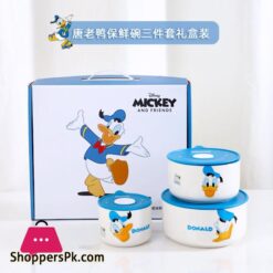Disney Ceramic Bowl With Lid Microwave Oven Bowl 3 Pcs Student Thicken Lunch Box