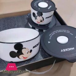 Disney Ceramic Bowl With Lid Microwave Oven Bowl 3 Pcs Student Thicken Lunch Box