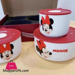Disney Ceramic Bowl With Lid Microwave Oven Bowl 3 Pcs Student Thicken Lunch Box