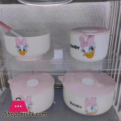 Disney Ceramic Bowl With Lid Microwave Oven Bowl 3 Pcs Student Thicken Lunch Box