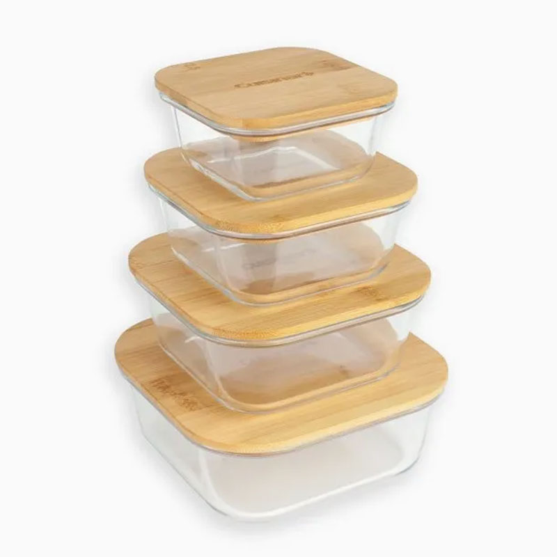 Airtight Glass Storage Containers Bamboo Lid Round &Amp; Square Set Of 4