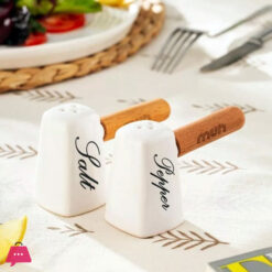 Ceramic Salt Shaker Set With Wooden Handle Bamboo Base