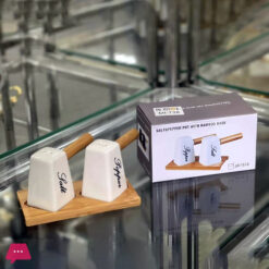 Ceramic Salt Shaker Set With Wooden Handle Bamboo Base