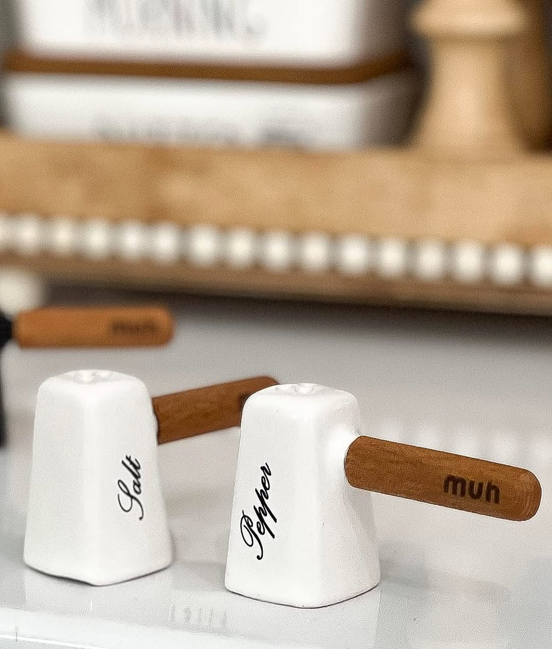 Ceramic Salt Shaker Set With Wooden Handle Bamboo Base