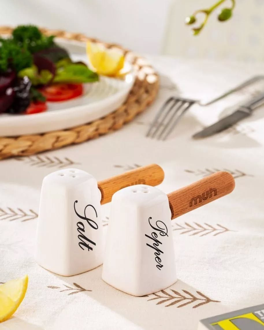 Ceramic Salt Shaker Set With Wooden Handle Bamboo Base