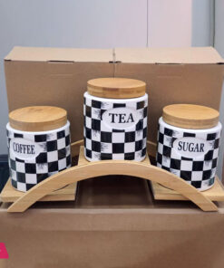 Ceramic Vintage Tea Coffee Sugar 3 Canisters Set with Wooden Stand Tray