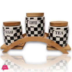 Ceramic Vintage Tea Coffee Sugar 3 Canisters Set With Wooden Stand Tray