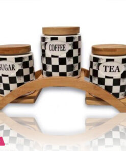 Ceramic Vintage Tea Coffee Sugar 3 Canisters Set With Wooden Stand Tray - Image 2