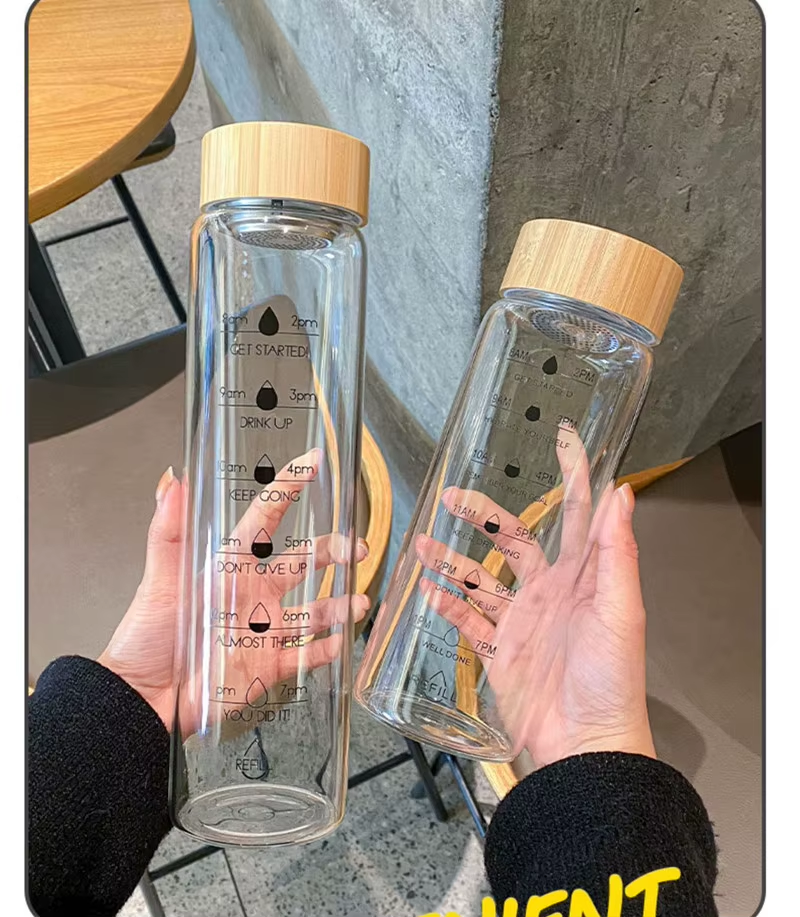 Glass Water Bottle With Time Marker Motivational Cup For Sport Fitness Leakproof Drinking Bottle 1000Ml