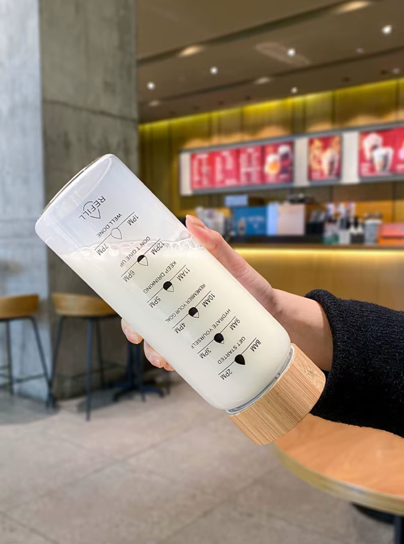 Glass Water Bottle With Time Marker Motivational Cup For Sport Fitness Leakproof Drinking Bottle 1000Ml