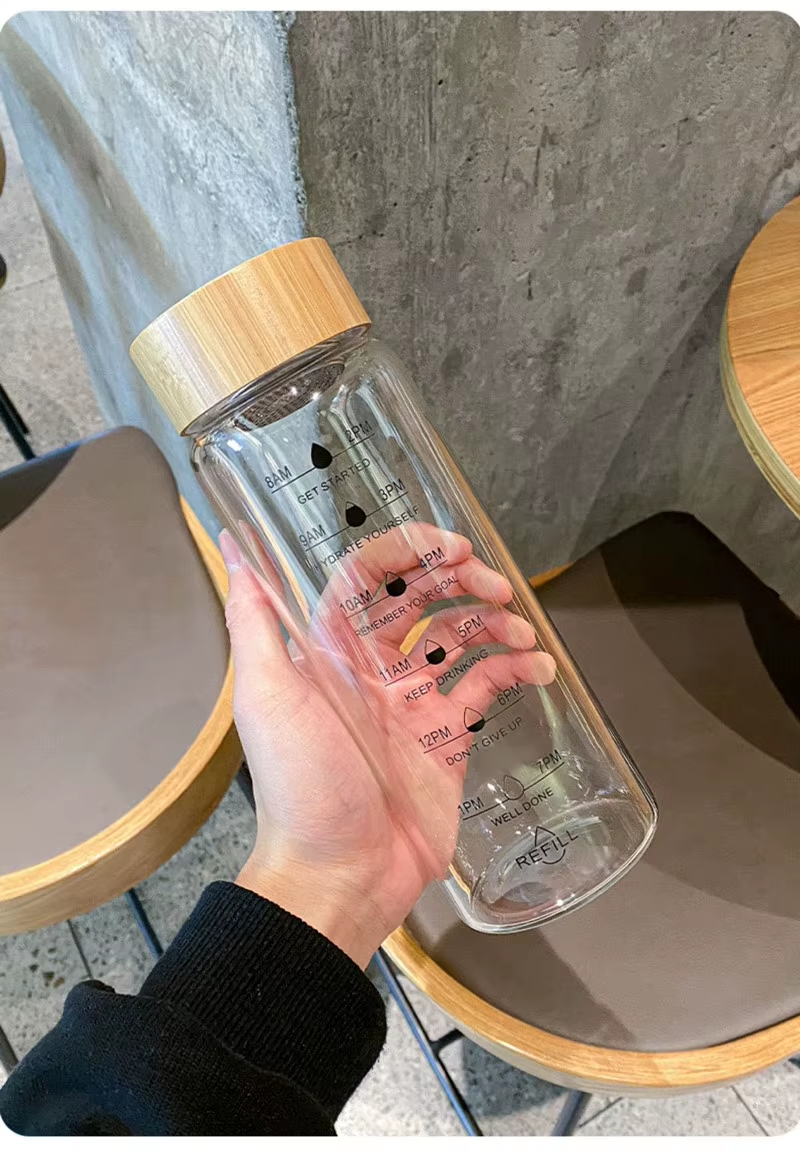 Glass Water Bottle With Time Marker Motivational Cup For Sport Fitness Leakproof Drinking Bottle 1000Ml