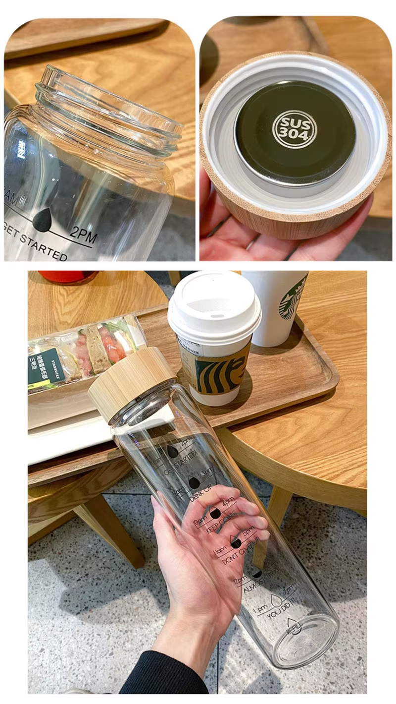 Glass Water Bottle With Time Marker Motivational Cup For Sport Fitness Leakproof Drinking Bottle 1000Ml