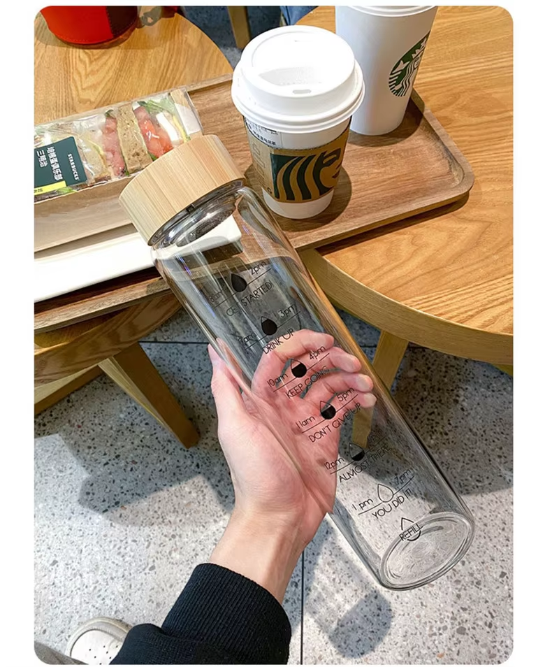 Glass Water Bottle With Time Marker Motivational Cup For Sport Fitness Leakproof Drinking Bottle 1000Ml