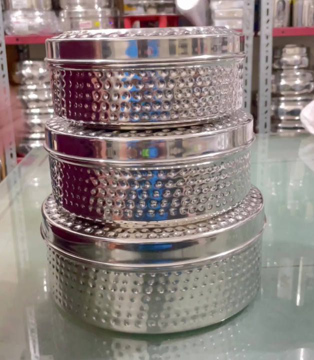 Indian Steel Puri Dabba Set Hammered Design Beautiful Perfect For Chapati - 3Pcs