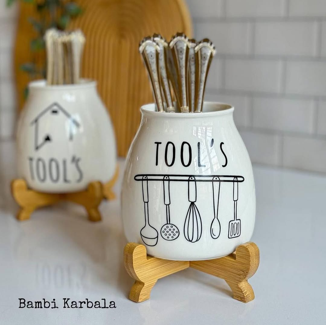 Porcelain Spoon Holder With Bamboo Stand