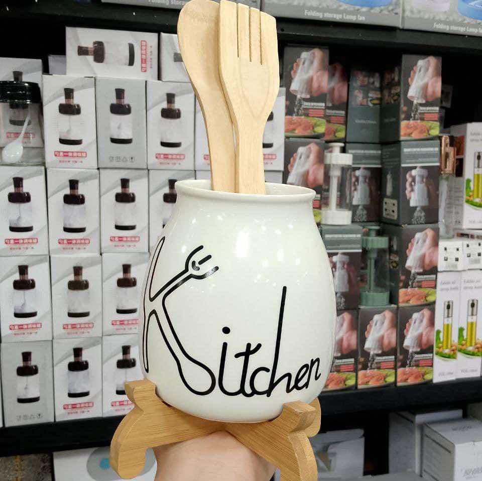 Porcelain Spoon Holder With Bamboo Stand