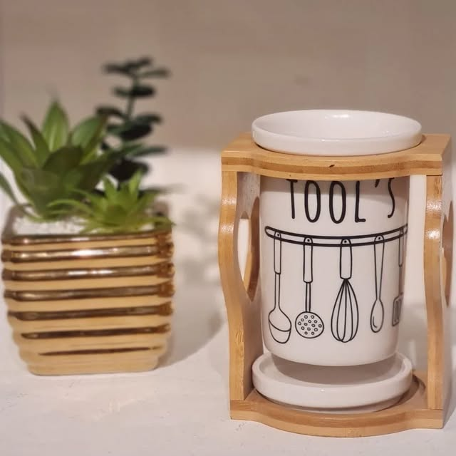 Porcelain Spoon Holder With Bamboo Stand
