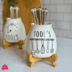 Porcelain Spoon Holder With Bamboo Stand