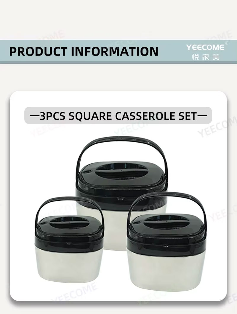 3PCS Square Stainless Steel HotPot Insulated Casserole Carriers Lunch Box