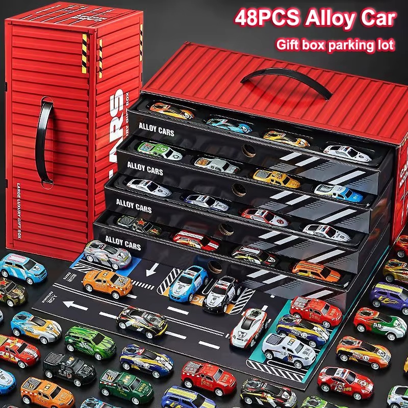 48Pcs Container Simulation Alloy Car Model Finale Alloy Inertia Pull Back Mini Car Toy