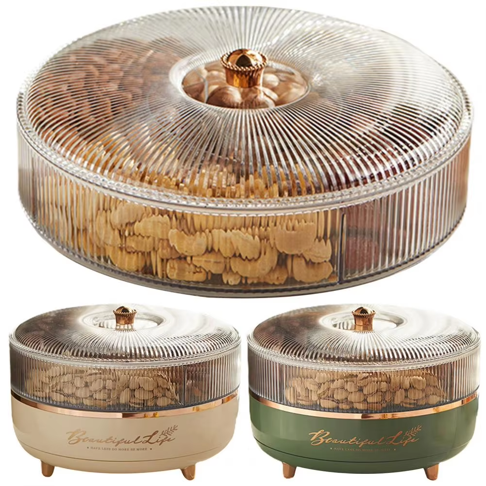 5 Grid Snack Plate With Lid Moisture-Proof 360 Rotating Candy Nut Storage Plate