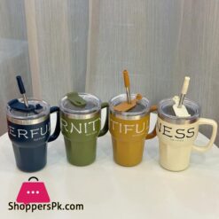600ml Coffee Mug With Straw Lid Handle Stainless Steel Mug For Hot-Cold Drinks
