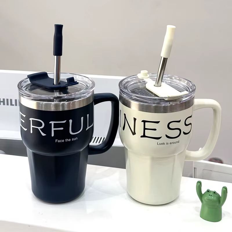 600Ml Coffee Mug With Straw Lid Handle Stainless Steel Mug For Hot-Cold Drinks