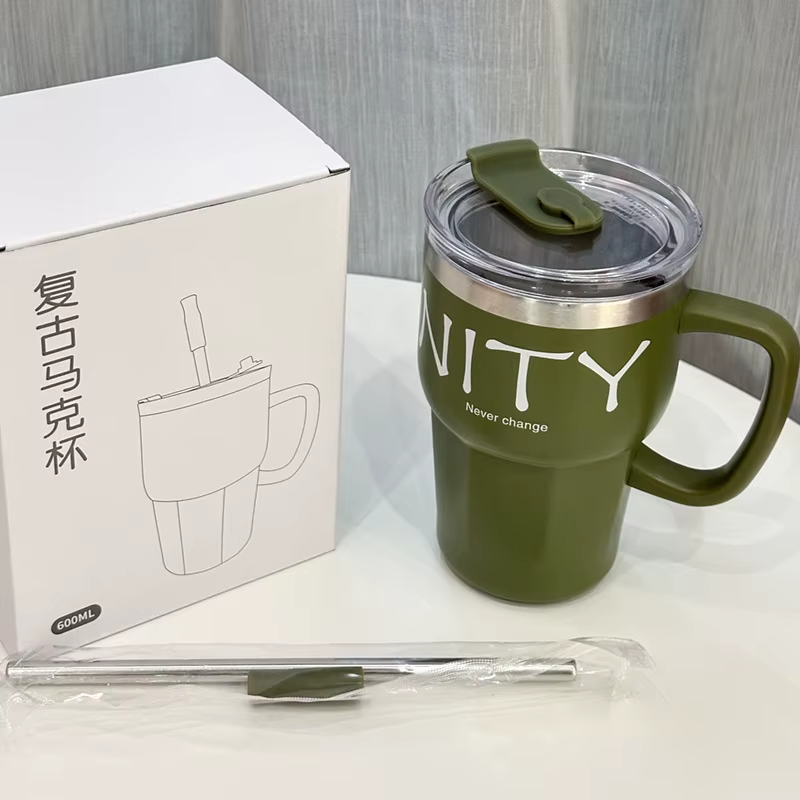 600Ml Coffee Mug With Straw Lid Handle Stainless Steel Mug For Hot-Cold Drinks