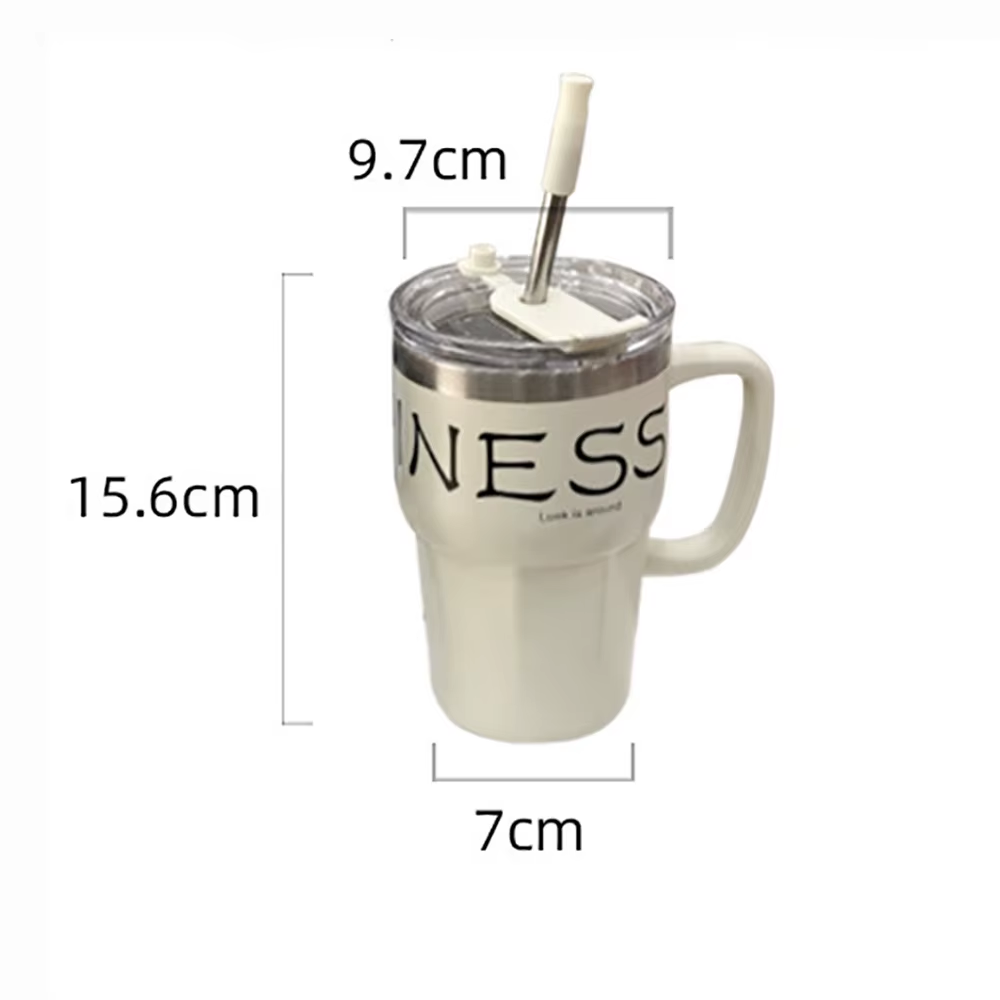 600Ml Coffee Mug With Straw Lid Handle Stainless Steel Mug For Hot-Cold Drinks