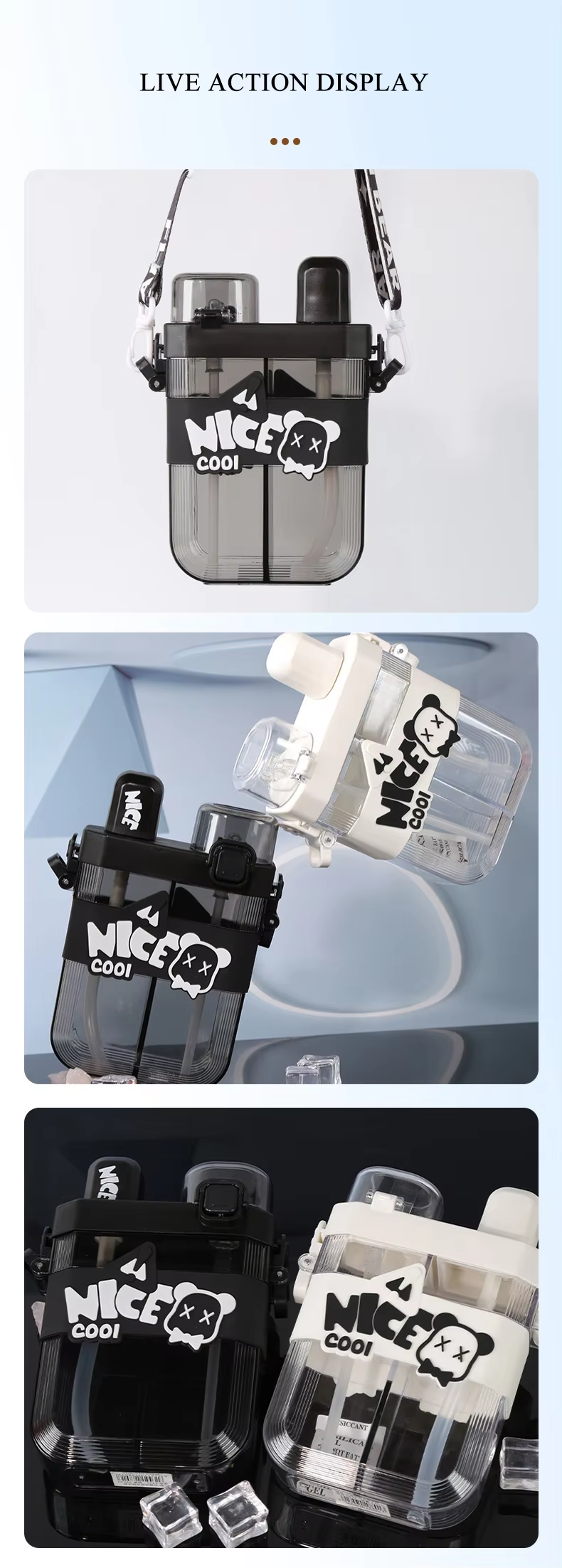 620Ml Travel Outdoor Black White Split Chamber Plastic Double Compartment Water Bottle Children Cartoon Double Bin Plastic Cup