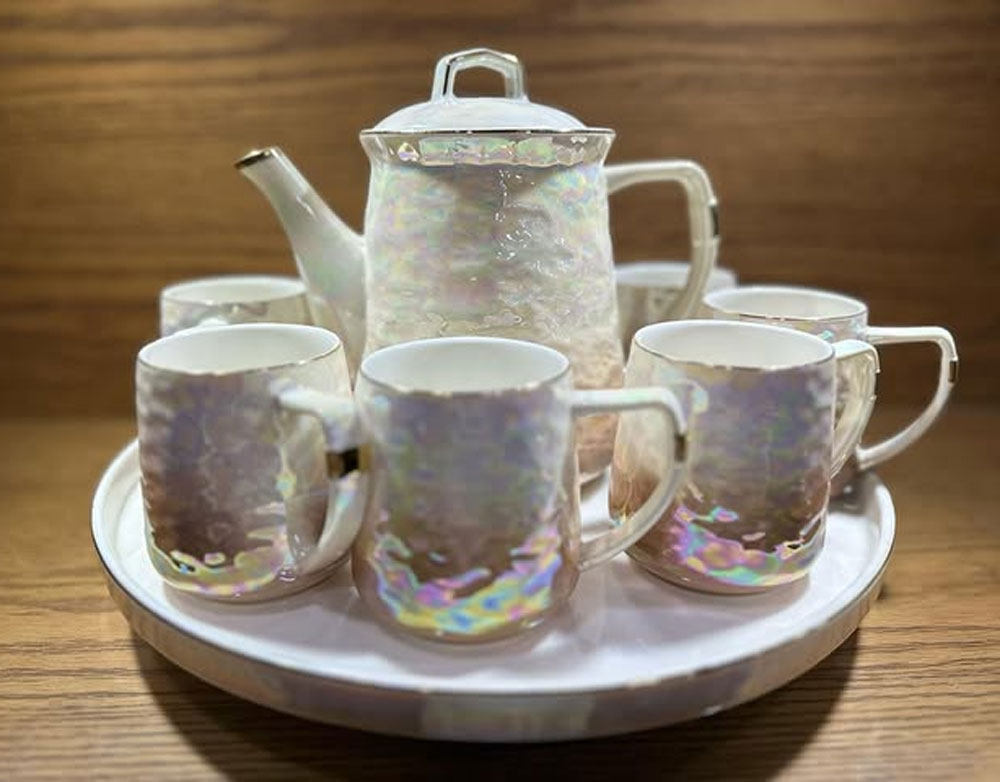 Holographic Tea Set 6 Cups Kettle &Amp; Revolving Tray