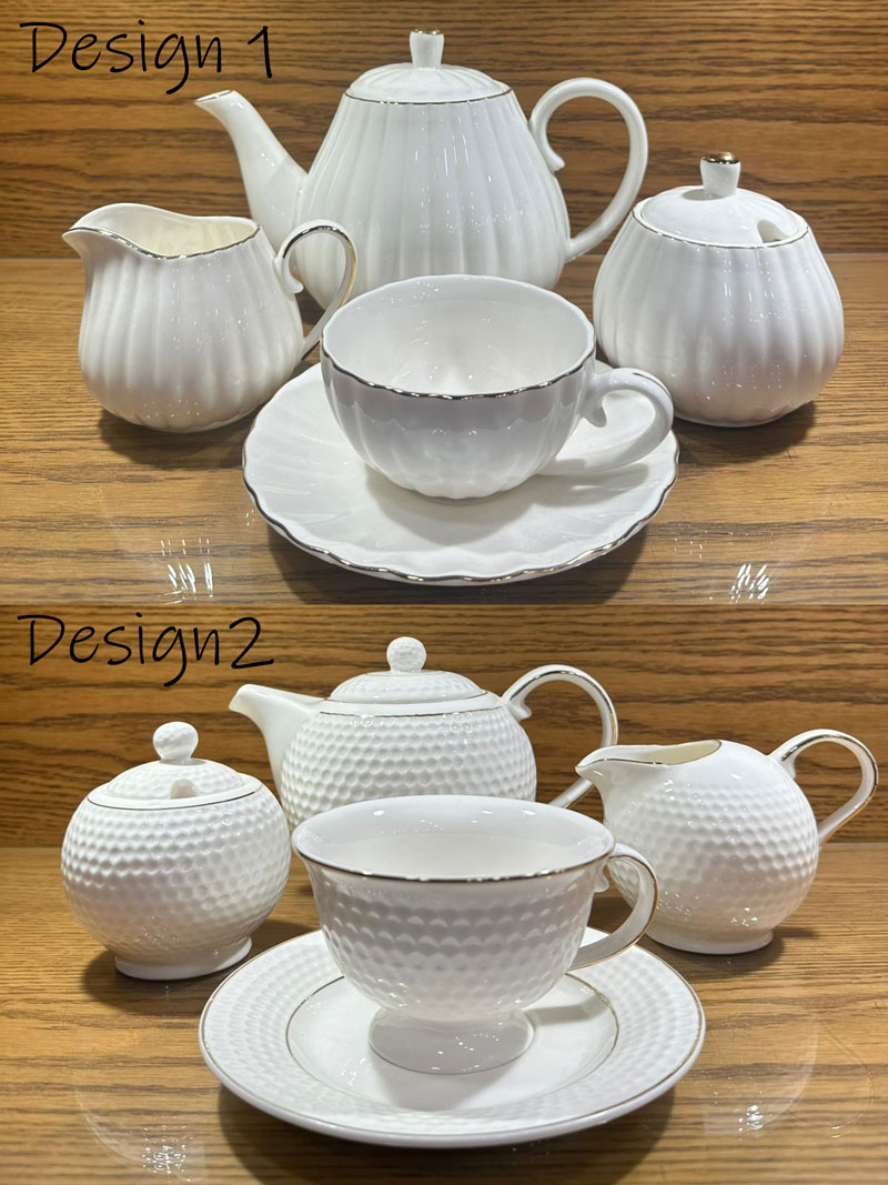 Porcelain Tea Set -7 Tea Cups And Saucers Service For 6 Gold Trimspumpkin Fluted Shape