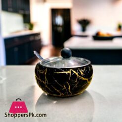Stainless Steel Coffee Sugar Bowl With Spoon And Clear Glass Lid Marble Design Condiment Pot Spice Container Salt Sugar Pot Multifunctional Seasoning Tank