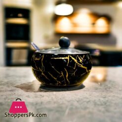 Stainless Steel Coffee Sugar Bowl With Spoon And Clear Glass Lid Marble Design Condiment Pot Spice Container Salt Sugar Pot Multifunctional Seasoning Tank