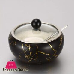 Stainless Steel Coffee Sugar Bowl With Spoon And Clear Glass Lid Marble Design Condiment Pot Spice Container Salt Sugar Pot Multifunctional Seasoning Tank