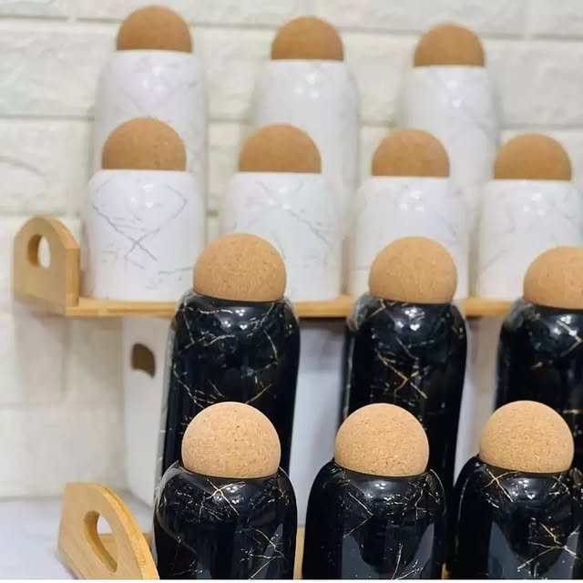 Marble Dsign Ceramic 7 Pcs Jar Set With Bamboo Stand And Cork Lid