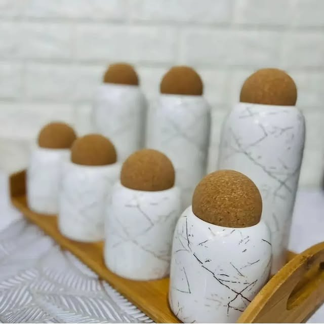 Marble Dsign Ceramic 7 Pcs Jar Set With Bamboo Stand And Cork Lid