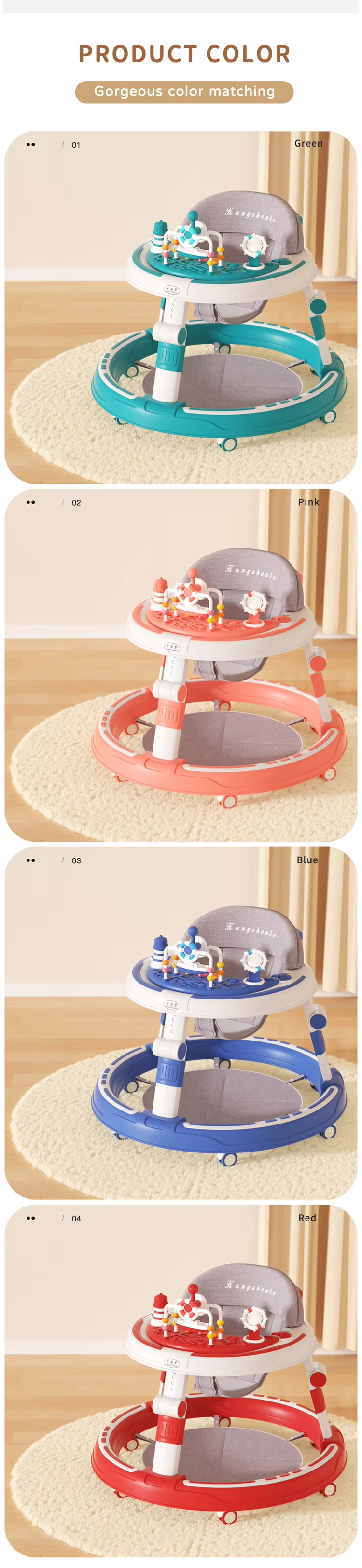 Children Adjustable Foldable Push Baby Walker With Wheels And Music