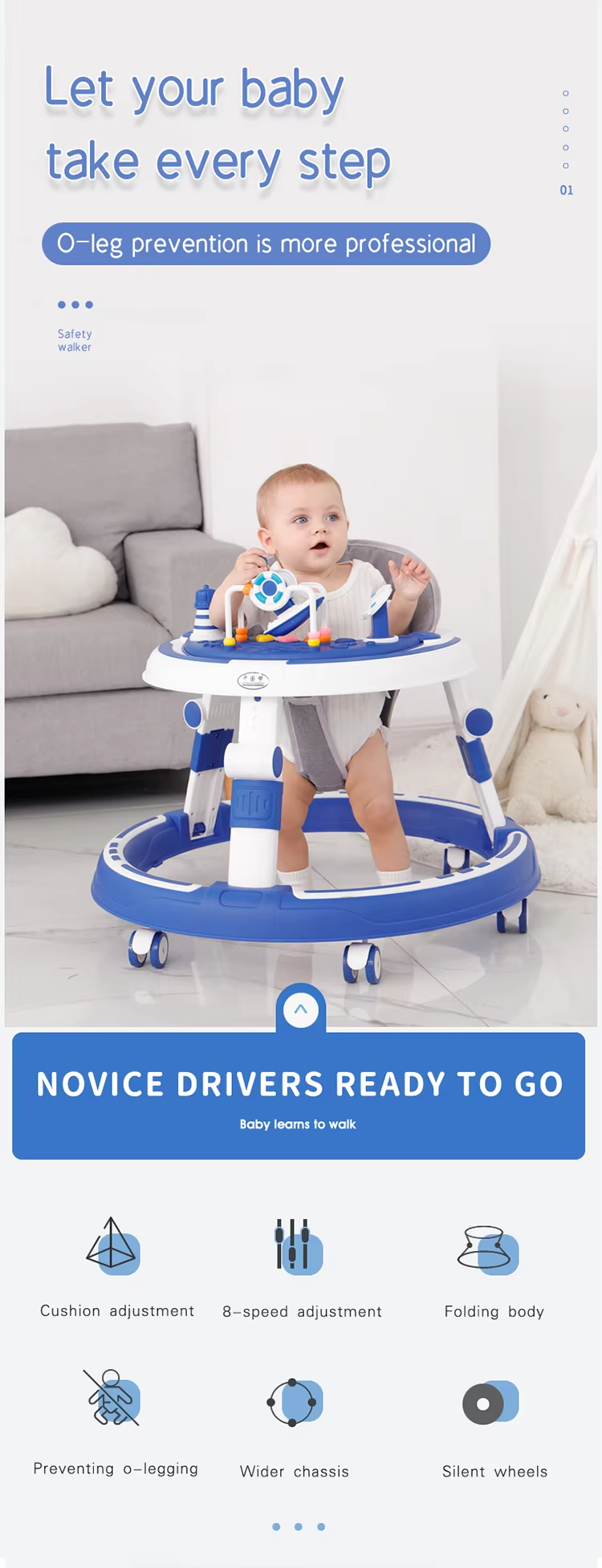 Children Adjustable Foldable Push Baby Walker With Wheels And Music