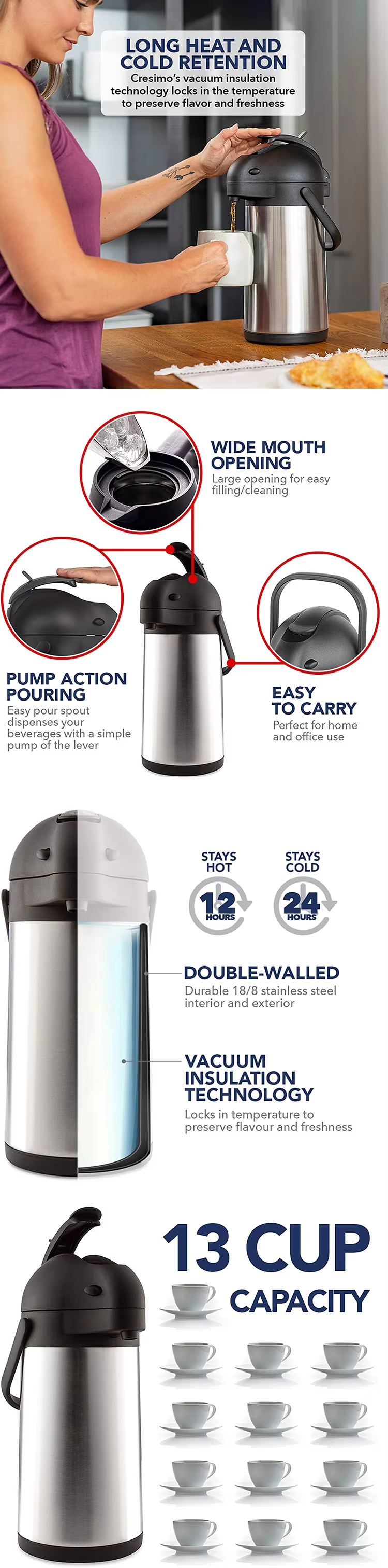 Daydays Airpot Thermos Vacuum Insulated Stainless Steel Lever Action Airpot Thermos Water Coffee Airpots Dispenser With Pump - 4Liter