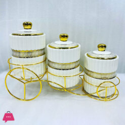 Fine Porcelain Printed Jar with Golden Cycle Stand - Set of 3