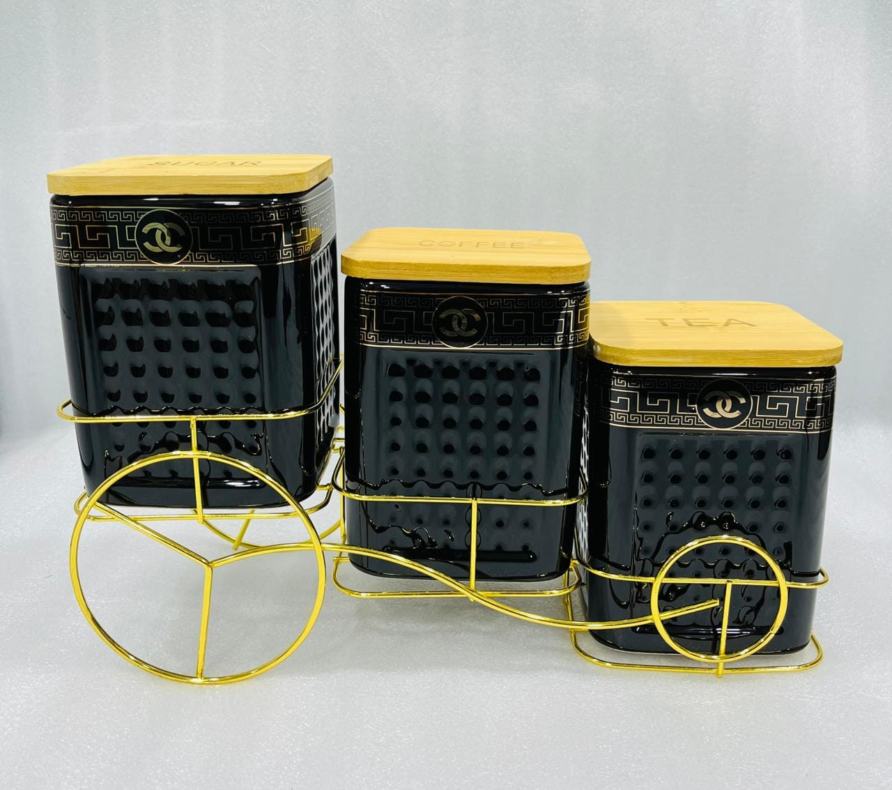 Fine Porcelain Printed Jar With Golden Cycle Stand - Set Of 3