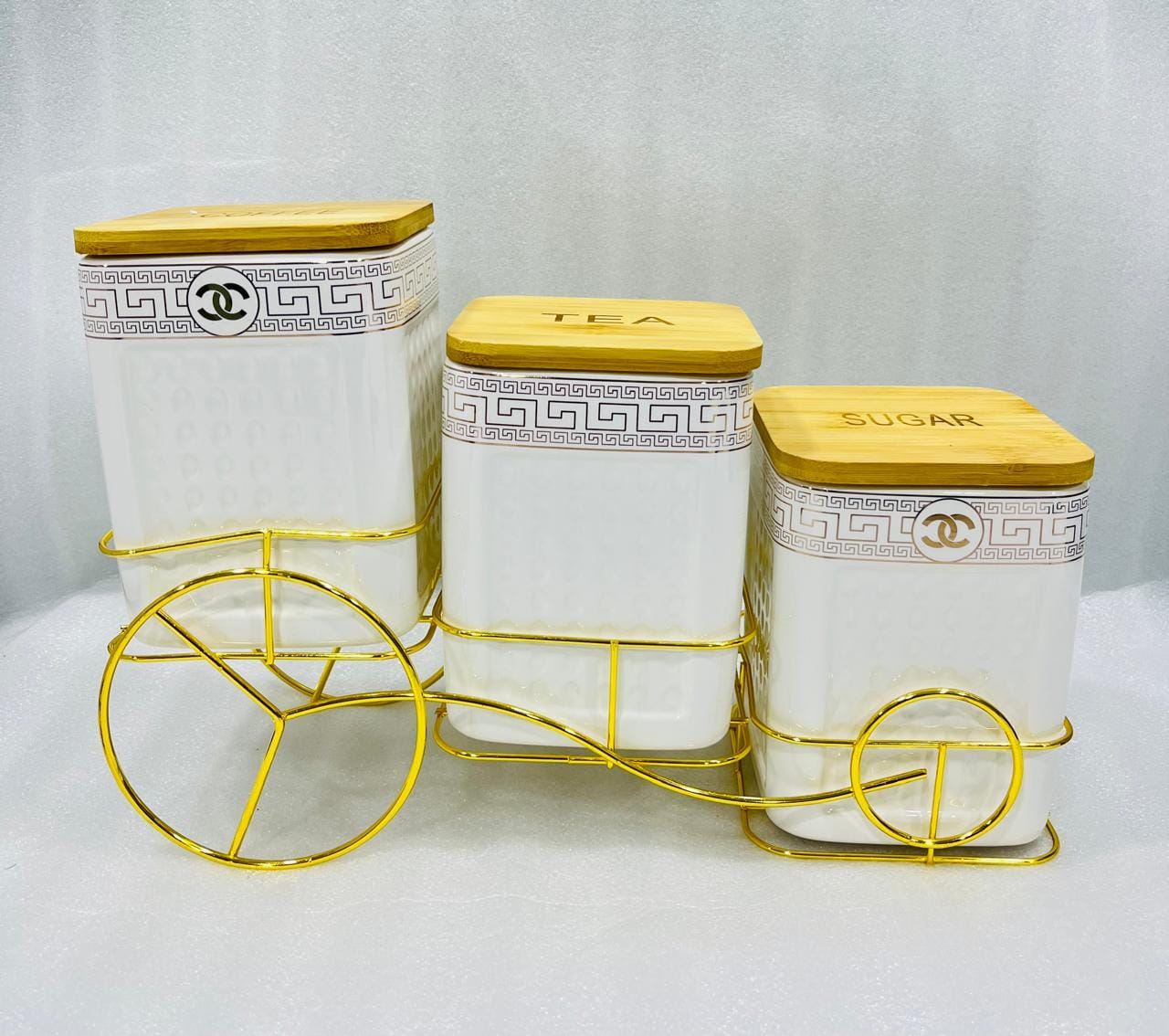 Fine Porcelain Printed Jar With Golden Cycle Stand - Set Of 3