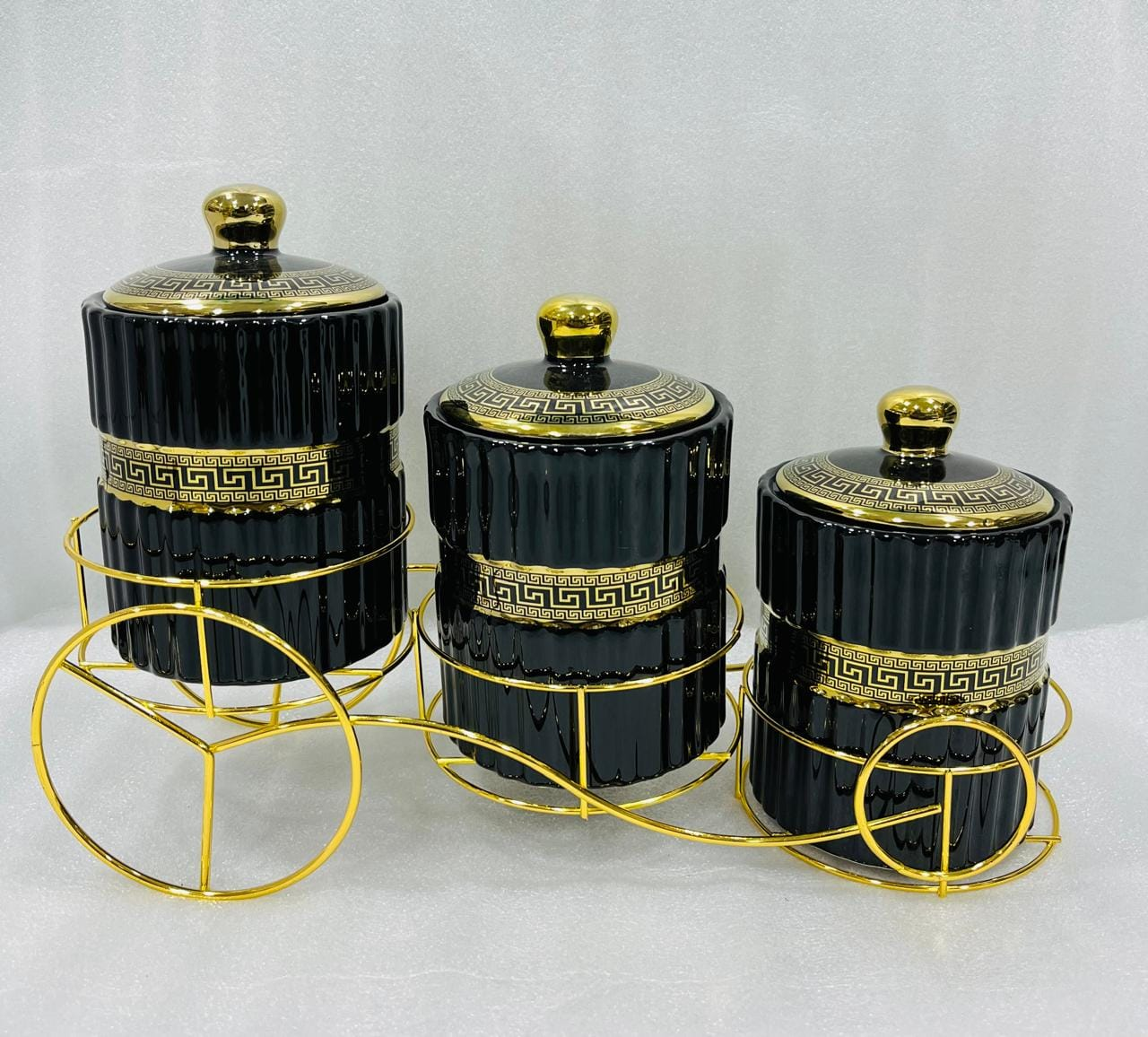 Fine Porcelain Printed Jar With Golden Cycle Stand - Set Of 3
