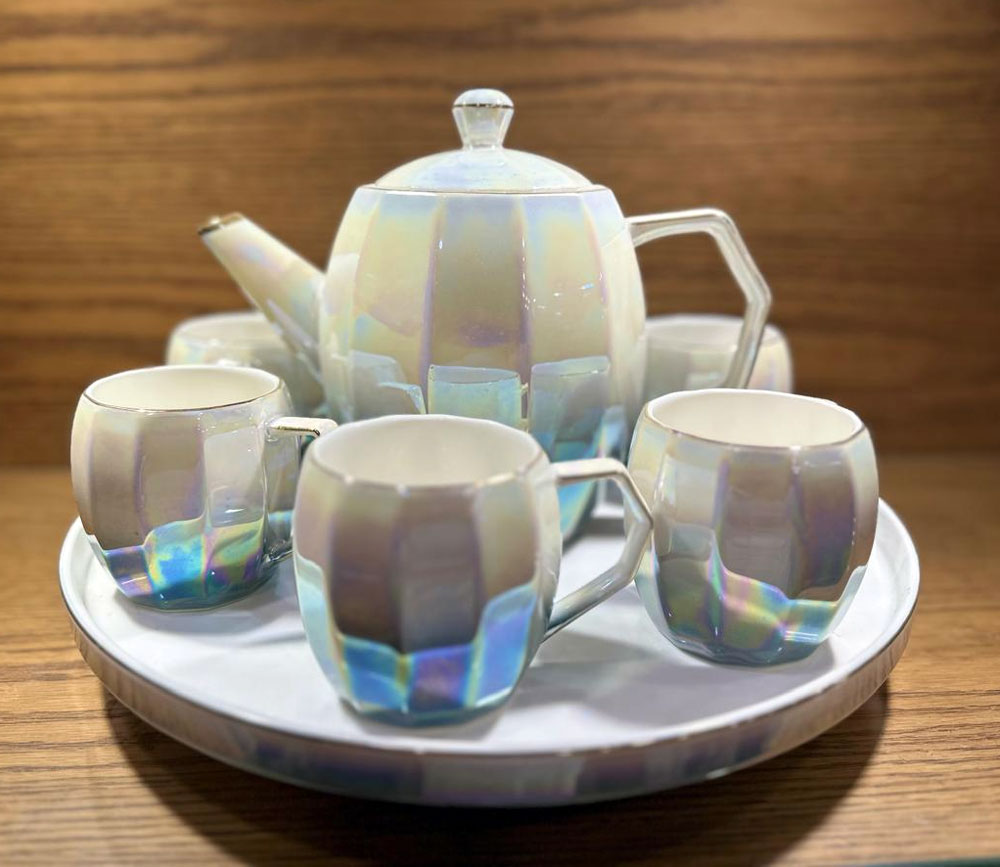 Holographic Tea Set 6 Cups Kettle &Amp; Revolving Tray