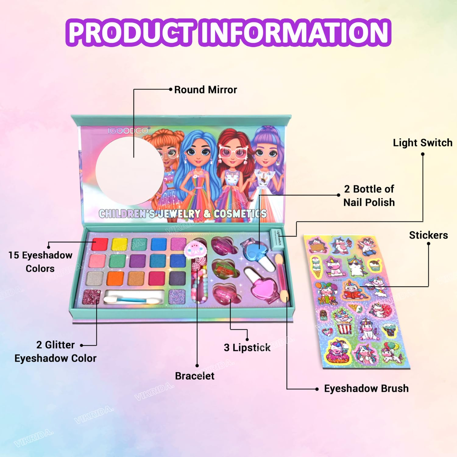 Kids Washable Makeup Kit Fold Out Makeup Palette With Mirror With Light